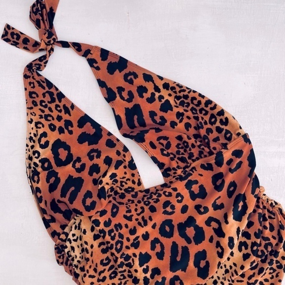 [Forever21] Deep V Halter Tie Ruched Skirt Leopard Fully Lined Swim One Piece